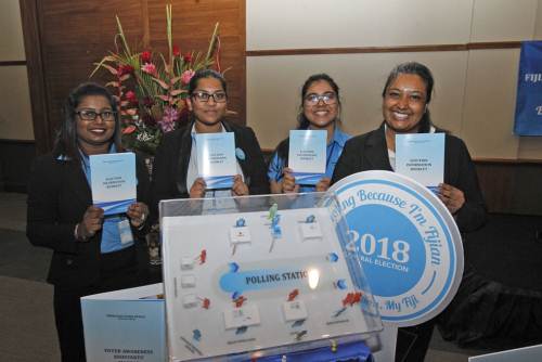 FEO staff (from left) Neelam Mani, Sheenal Singh, Shivika Mala and Natasha Verma at the 2018 General Elections 'Know Your Election' awareness drive launch in Suva today. Picture: JONA KONATACI