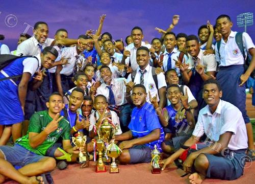 Lelean Memorial School students celebrate after winning the overall boys division during the Nasinu-Naitasiri-Nausori (Triple N) Secondary Schools Athletics Zone competition at the ANZ Stadium in Suva yesterday. Picture: JONACANI LALAKOBAU
