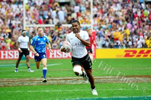 Vatemo Ravouvou runs towards the tryline to score against Wales at the Hong Kong 7s in So Kon Po. Picture: File
