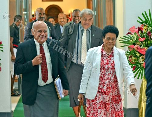 Opposition MPs Viliame Gavoka (left)and Mere Samisoni at Parliament yesterday. Picture: JONACANI LALAKOBAU