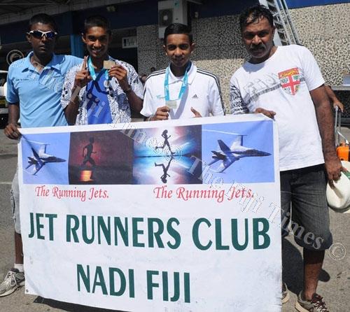 From left: Jet Runners Club president Abhinesh Kumar, Avikash Lal, Ravnil Rinesh Kumar and coach Parshotam Lal. Picture: JET RUNNERS CLUB