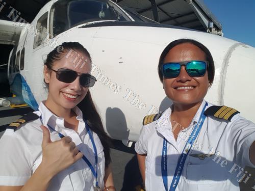 Saele Fatiaki, left, with fellow Fijian pilot Salote Mataitini. Picture: SUPPLIED
