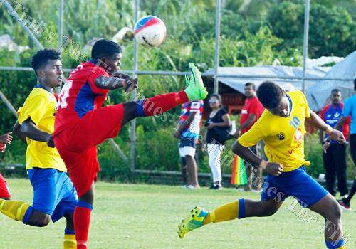Action from the Vodafone Senior League match between Lami and Navua at the Fiji Football Academy ground in Vatuwaqa yesterday. Picture: ATU RASEA