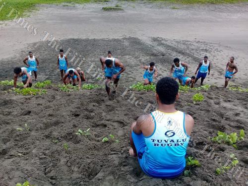 Members of the Tuvalu national 7s team during a training session at the Sand Dunes in Sigatoka. Picture: SUPPLIED
