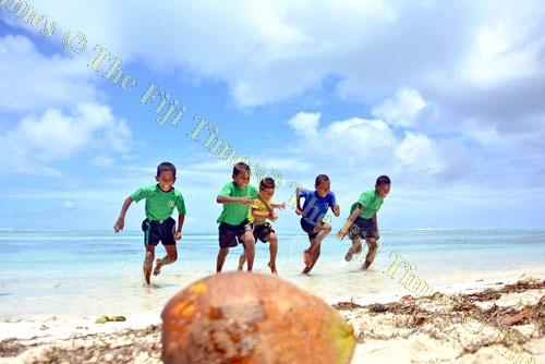 Children of Muana-i-Cake from left, Setareki Matai, 9, Jiuta Kacilala, 8, Mavoa Sei, 7, Josefa Saunilotu, 11, and Benjamin Joshua, 13, enjoy themselves at the beach in Fulaga, Ono-i-Lau. Picture: JONACANI LALAKOBAU