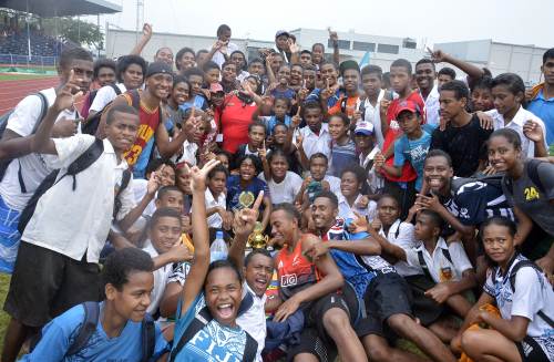 Students of Nadi Sangam College (SSKMC) celebrate after they were declared the overall girls winners of the Nadi Athletics zone. Picture: MACIU MALO