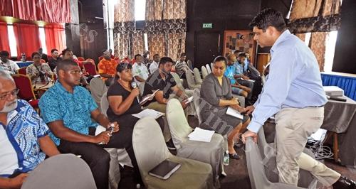 Kaajal Kumar (second from left) delivers her submission to the Attorney-General and Minister for Economy Aiyaz Sayed-Khaiyum during the budget consultation at De Vos on the Park hotel in Suva yesterday. Picture: RAMA