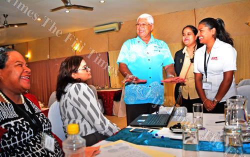 Assistant Minister for Health Alexander O'Connor (middle) shares a moment with journalists, from left, Mereseini Marau, Prashila Devila, Anshoo Chandra and Ashna Kumar during the Ministry of Health Media Workshop at Novotel Suva Lami Bay. Picture: JONA KO
