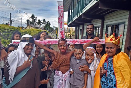 Sakiusa Tikotani (middle) of Year 5 plays Jesus during the Suva Primary School Easter drama at the school yesterday. Picture: RAMA