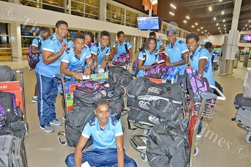 Fiji Airways Fijiana 7s team at Nadi International Airport yesterday. Picture: REINAL CHAND