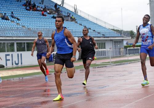 The moment Josefa Tabakaucoro was injured at the Athletics Fiji Easter games today. Francis Kirikirikula won this race. Picture: JONACANI LALAKOBAU