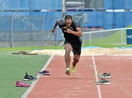 Eugene Vollmer competes in triple jump event during the Fiji Athletics Grand Prix at the ANZ Stadium. Picture: RAMA