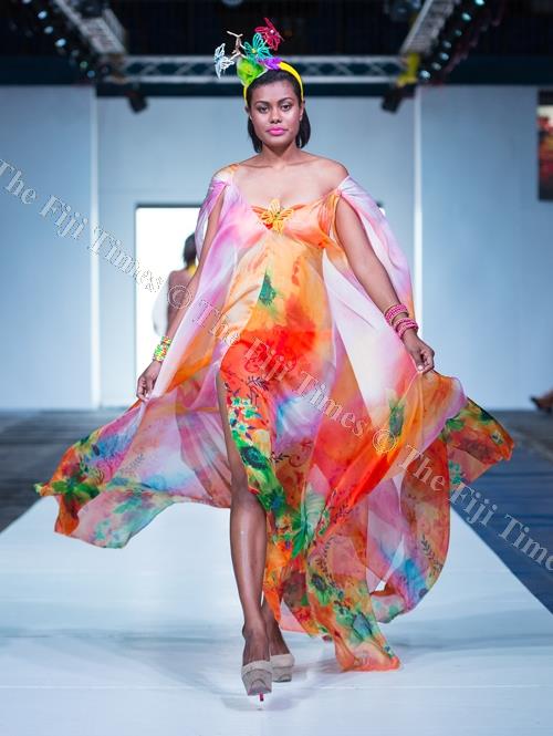 Fiji Fashion Week's Remi Naqali models a JOAN. A Designs dress. Picture: FOTOFUSION/SUPPLIED