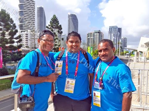 The Fiji Times team at the Commonwealth Games from left, chief photogrpaher, Eliki Nukutabu, sports reporter, Pravin Narain and deputy sports editor Maikeli Seru. Picture: SUPPLIED