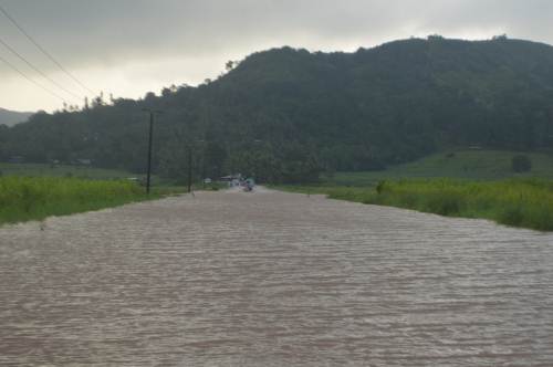 The flooded Soasoa Road in Labasa that forced more than 200 workers and students back home this morning. Picture: SERAFINA SILAITOGA