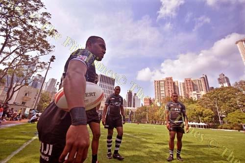 Fiji Airways Fiji 7s players, from left, Waisea Nacuqu, Isake Katonibau and Eroni Sau during the team's training session at the So Kon Po Recreation Ground. Picture: RAMA