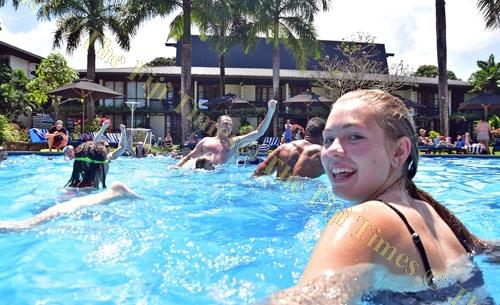 Madison Sloane, closest to camera, of Sydney, Australia enjoys a dip in the pool with other tourists at the Warwick Fiji Resort & Spa in Sigatoka in September last year. Statistics show that the occupancy rates for the past five years has been in the rang