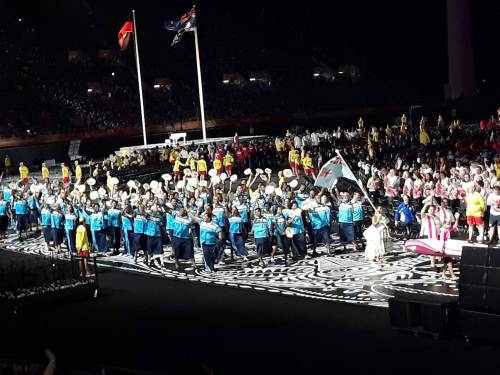 Team Fiji weightlifting athlete Apolonia Vaivai leads the contingent at the opening ceremony of the 2018 Commonwealth Games. Picture: ALISI VUCAGO