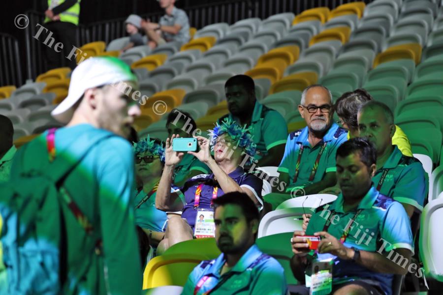 Team Fiji's chef de mission to the 2018 Commonwealth Games in Australia, Patrick Bower, sitting with glasses, with team officials during the weight-lifting event at the Gold Coast Carrara Sports & Leisure Centre. Picture: ELIKI NUKUTABU