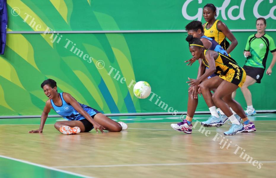 Fiji goal attack Alesi Waqa-Paul in pain after falling badly during the netball match at the Gold Coast Convention and Exhibition Centre in Australia yesterday. Picture: ELIKI NUKUTABU
