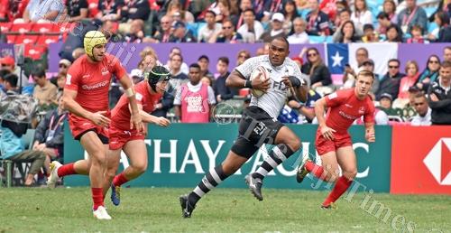 Fiji Airways Fiji 7s forward Isake "Eyes" Katonibau runs for the tryline during the pool game of the HSBC World Rugby Sevens Series in Hong Kong. Picture: RAMA