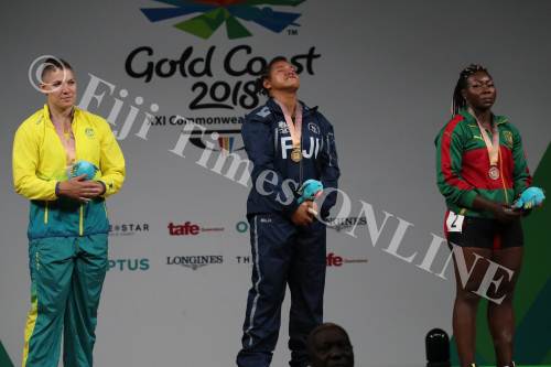 A proud moment for Fiji and weightlifter Eileen Cikamatana after she won gold at the 2018 Commonwealth Games at the Gold Coast, Australia. Picture: ELIKI NUKUTABU