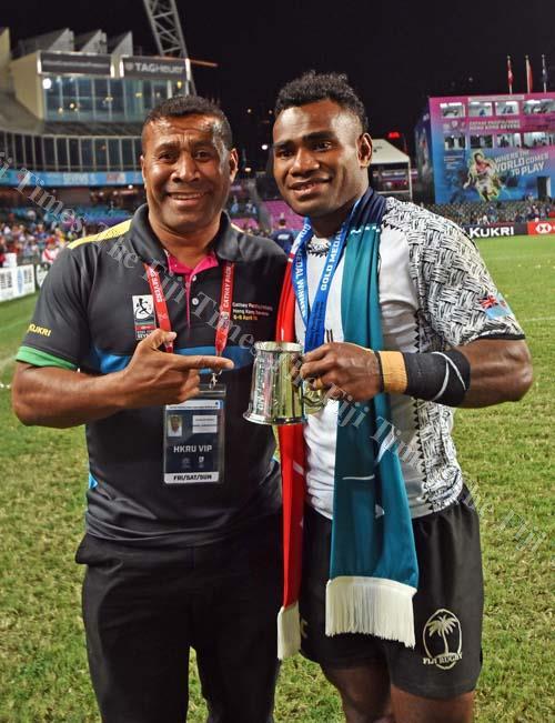 King of Sevens Waisale Serevi with the captain of Fiji Airways Fiji 7's team Jerry Tuwai after the final of the World Rugby HSBC 7s Series against Kenya in Hong Kong. Picture: RAMA