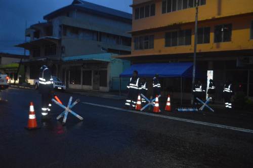 Police officers at checkpoints in Labasa Town this evening. Picture: LUISA QIOLEVU