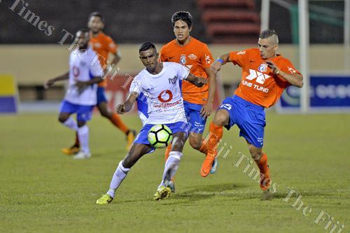 Lautoka's Pranil Naidu battles for possession against AS Dragons in the Oceania Football Confederation (OFC) Champions League quarter-final match. Picture: SUPPLIED