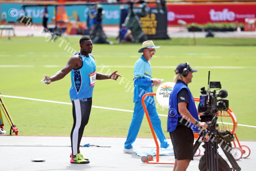 Do I need to throw again? ... Mustafa Fall reacts after his throw during the Commonwealth Games in Gold Coast, Australia. The Fijian powerhouse qualified for the final. Picture: ELIKI NUKUTABU