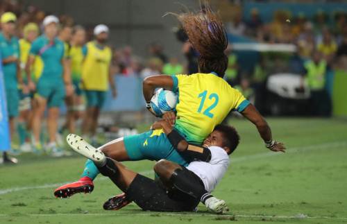 Fijiana winger Miriama Naiobosalu tackles Elia Green of Australia at the Robina Stadium on the Gold Coast, Australia. Picture: ELIKI NUKUTABU