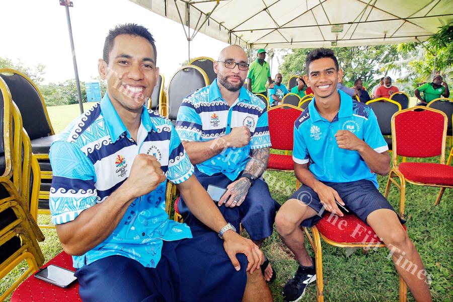 The boxing team, from left, Winston Hill, coach Napoleon Taumoepeau and Nathan Singh at Borron House in Suva. Picture: ELIKI NUKUTABU