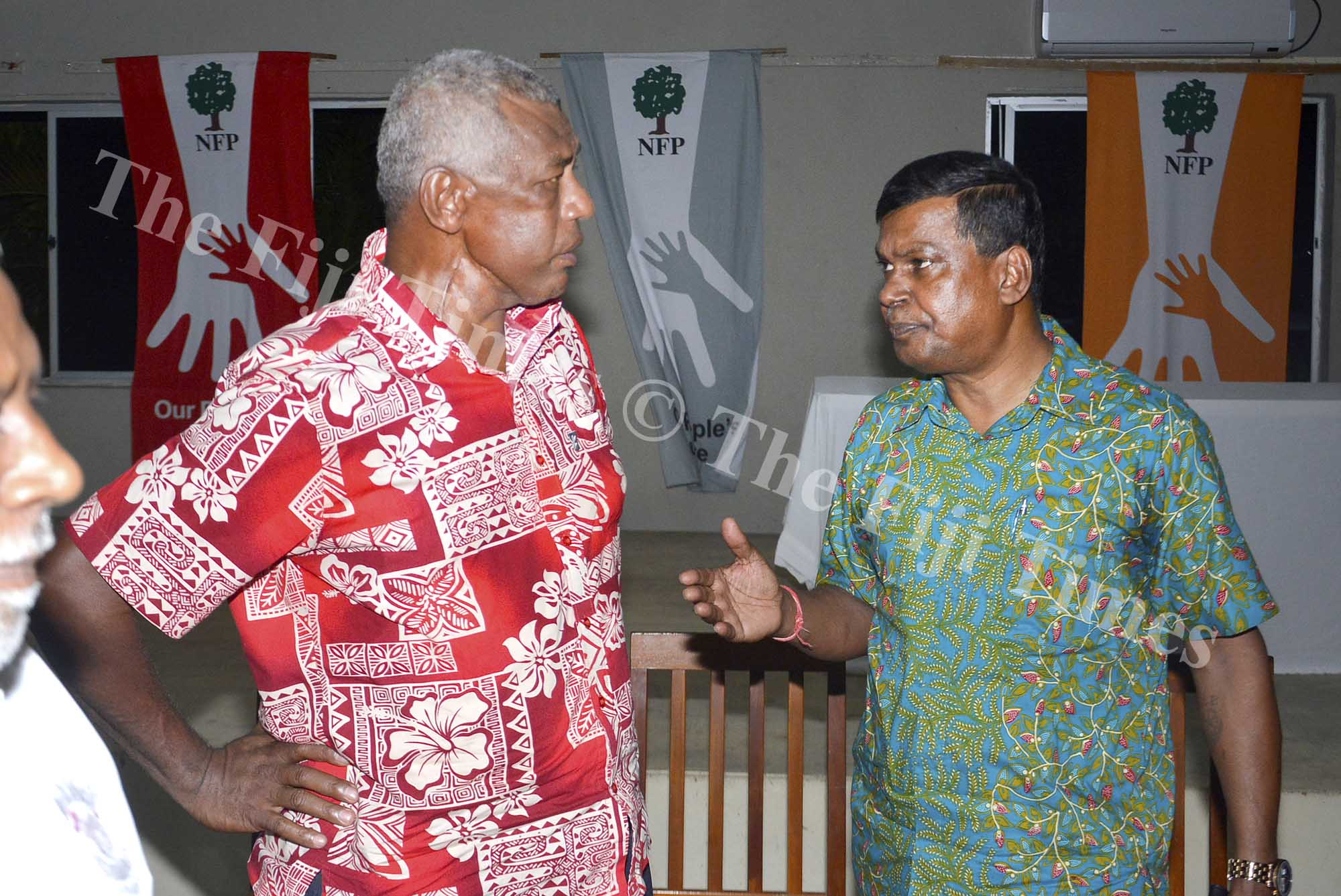 Pio Tikoduadua (left) with  NFP leader Biman Prasad after the meeting in Nadi. Picture: BALJEET SINGH