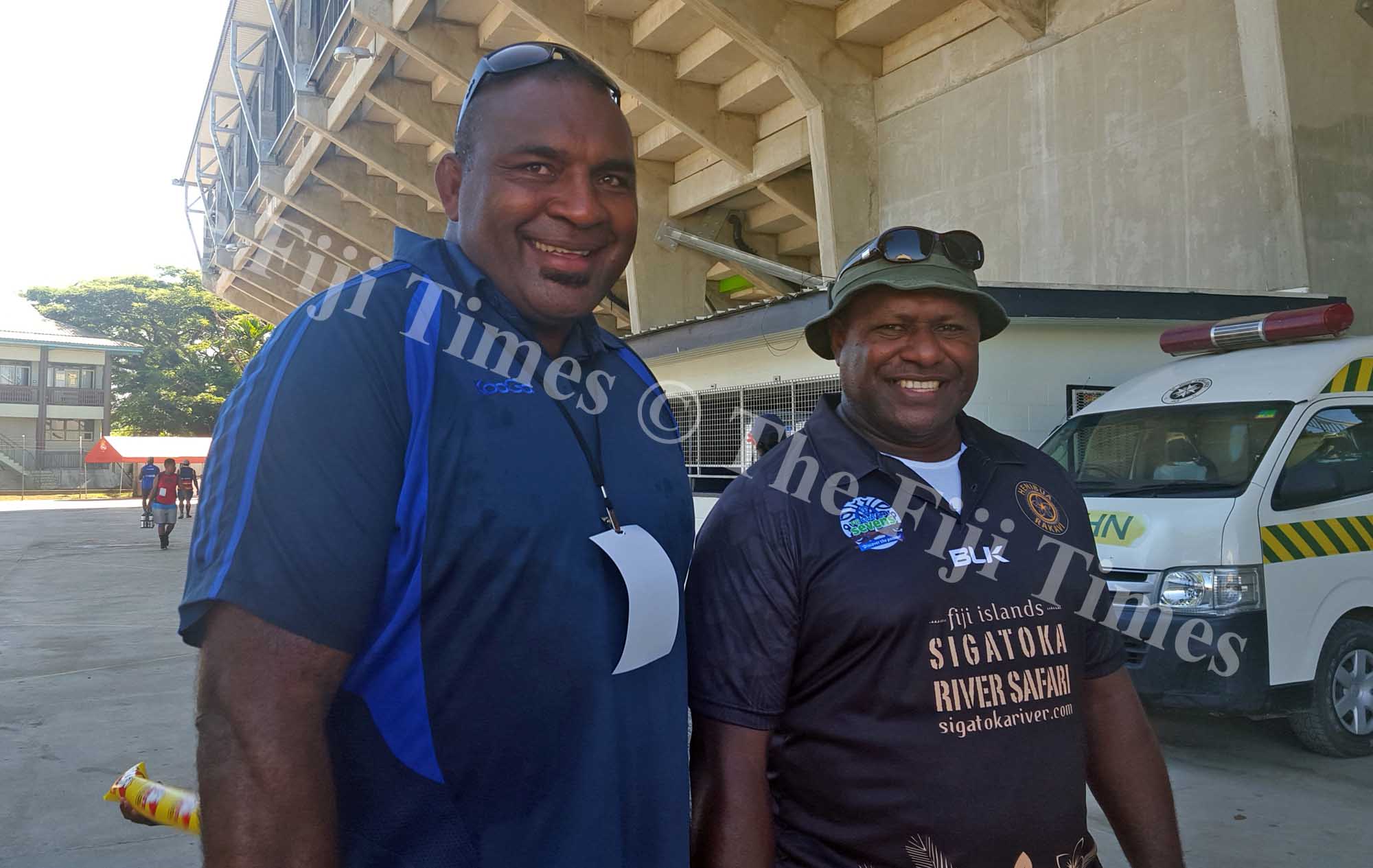Former national rugby reps, Kele Leawere and Aisea Tuilevu at Lawaq Park in Sigatoka. Picture: ELIKI NUKUTABU