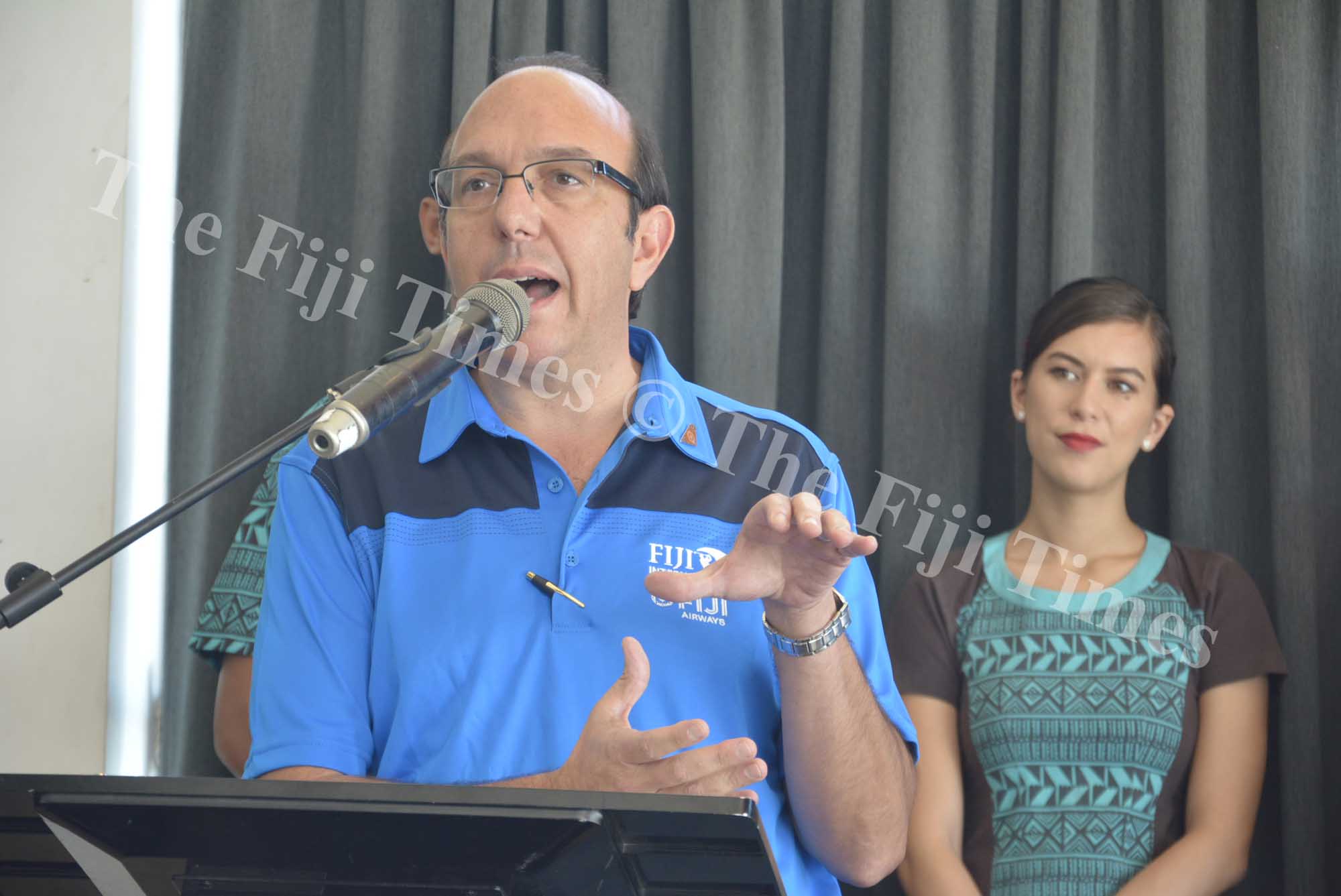 Fiji Airways Chief Commercial Officer Marc Cavaliere speaks during the press conference in Nadi yesterday. Picture: REINAL CHAND
