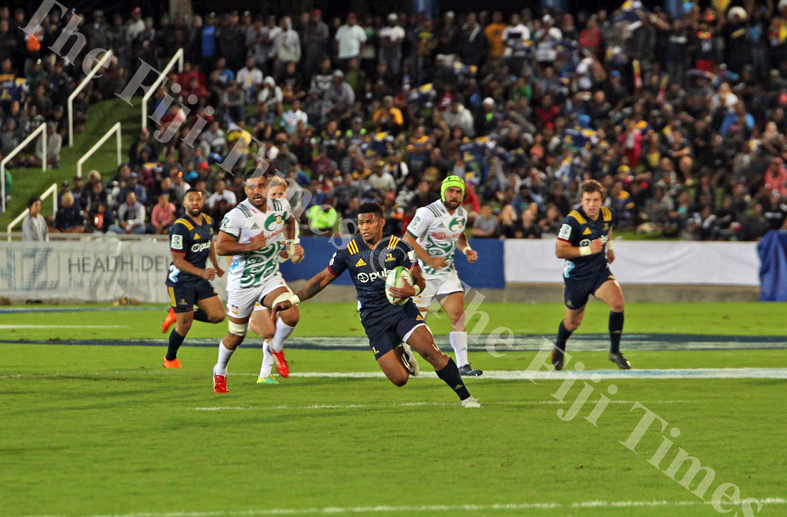 All Blacks and Pulse Energy Highlanders wing, Waisake Naholo breaks through the Gallagher Chiefs defence during their Super Rugby match at the ANZ Stadium in Suva on Saturday, June 30, 2018. Picture: JONACANI LALAKOBAU