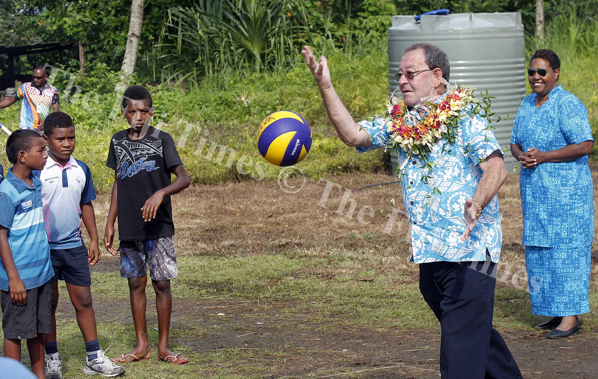 FIJI Sports Commission chairman Peter Mazey served the first ball during the opening of the Lami Community Volleyball tournament yesterday.Picture ATU RASEA