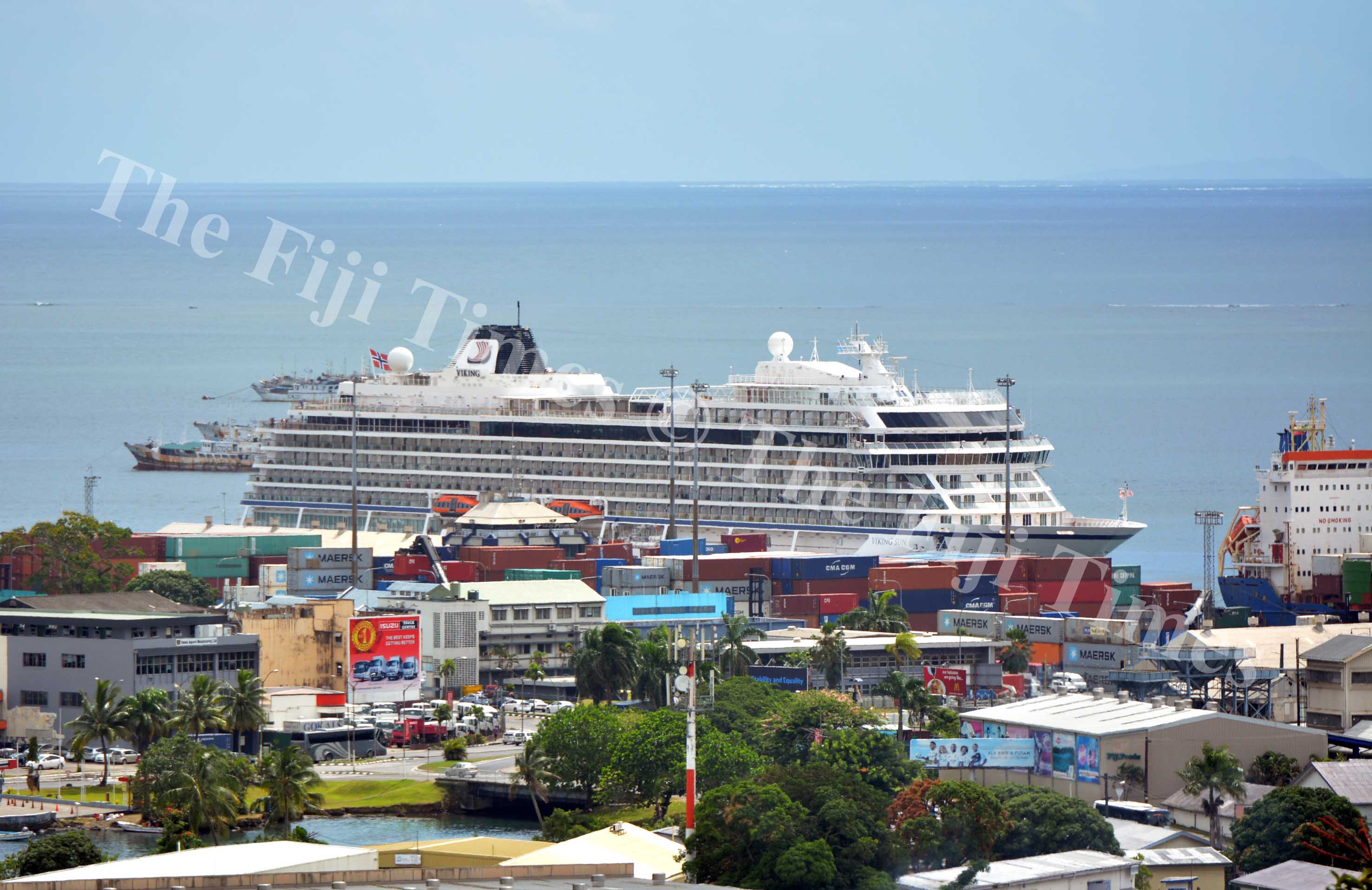 The Viking Sun cruiseliner berthed at the Kings Wharf in Suva yesterday. Picture: JOVESA NAISUA