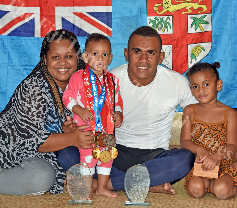 Wife Luisa (left), 1 year old Grace with dad Fiji Airways 7's sledge hammer Eroni Sau and 4 year old Esther at their home yesterday prior to leaving for HSBC World 7's at San Fransisco,USA today. Picture: RAMA