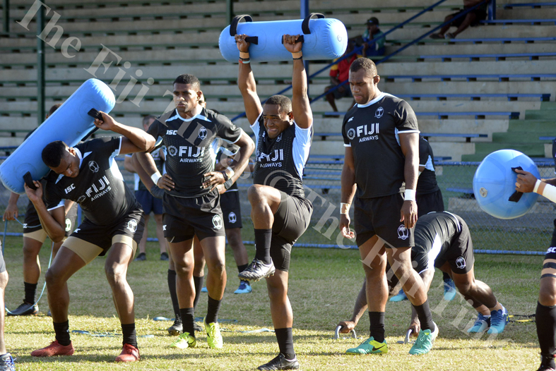 Fiji Airways 7s player Waisea Nacuqu tests his strength during training at Prince Charles Park in Nadi. Picture: REINAL CHAND