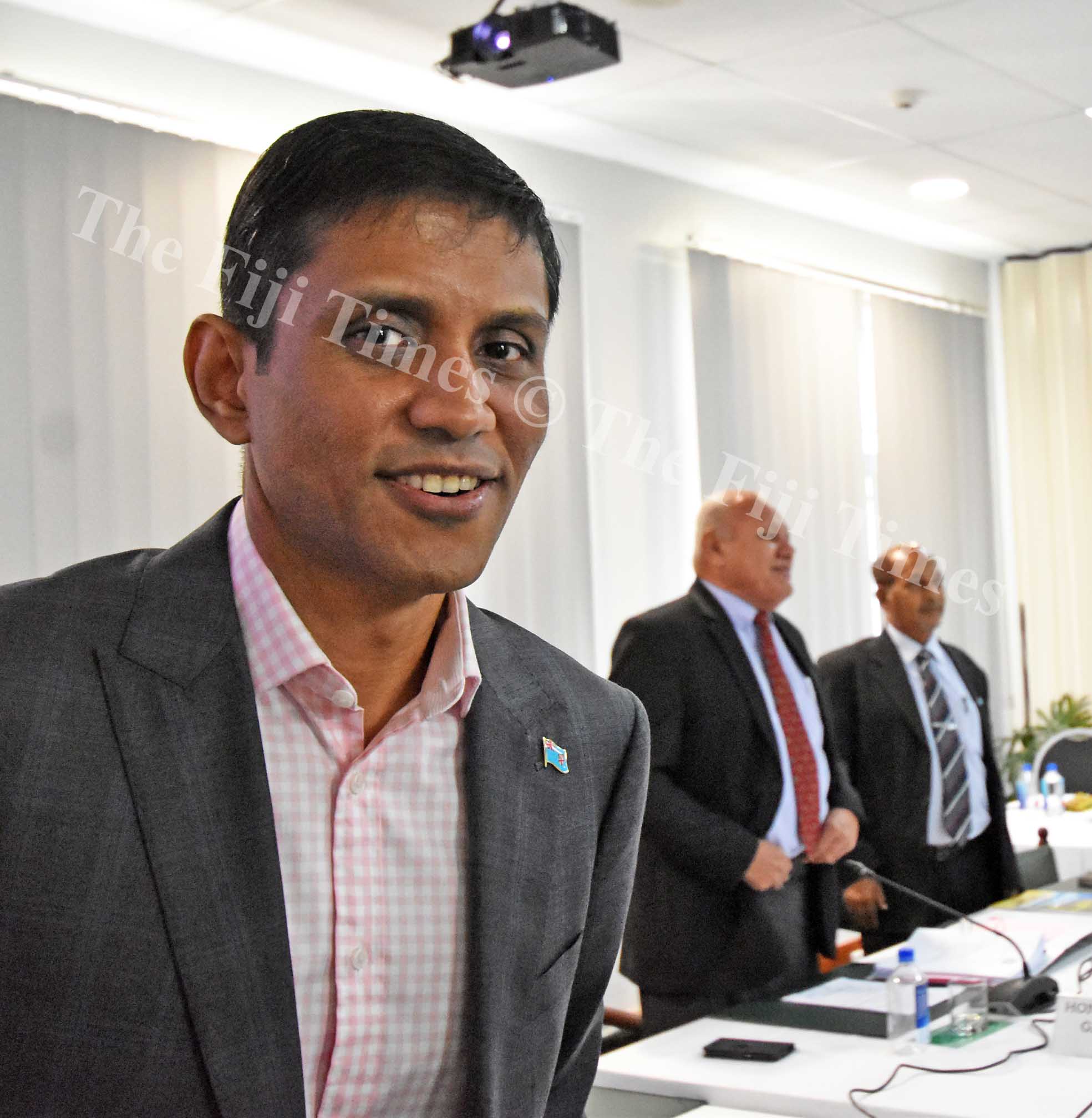 Permanent Secretary for Ministry of Industry, Trade and Tourism,Shaheen Ali (left) with the members of the Standing Committee on Economic Affairs Viliame Gavoka and Dr Brij Lal during the presentation of PAFCO annual report yesterday. Picture: RAMA