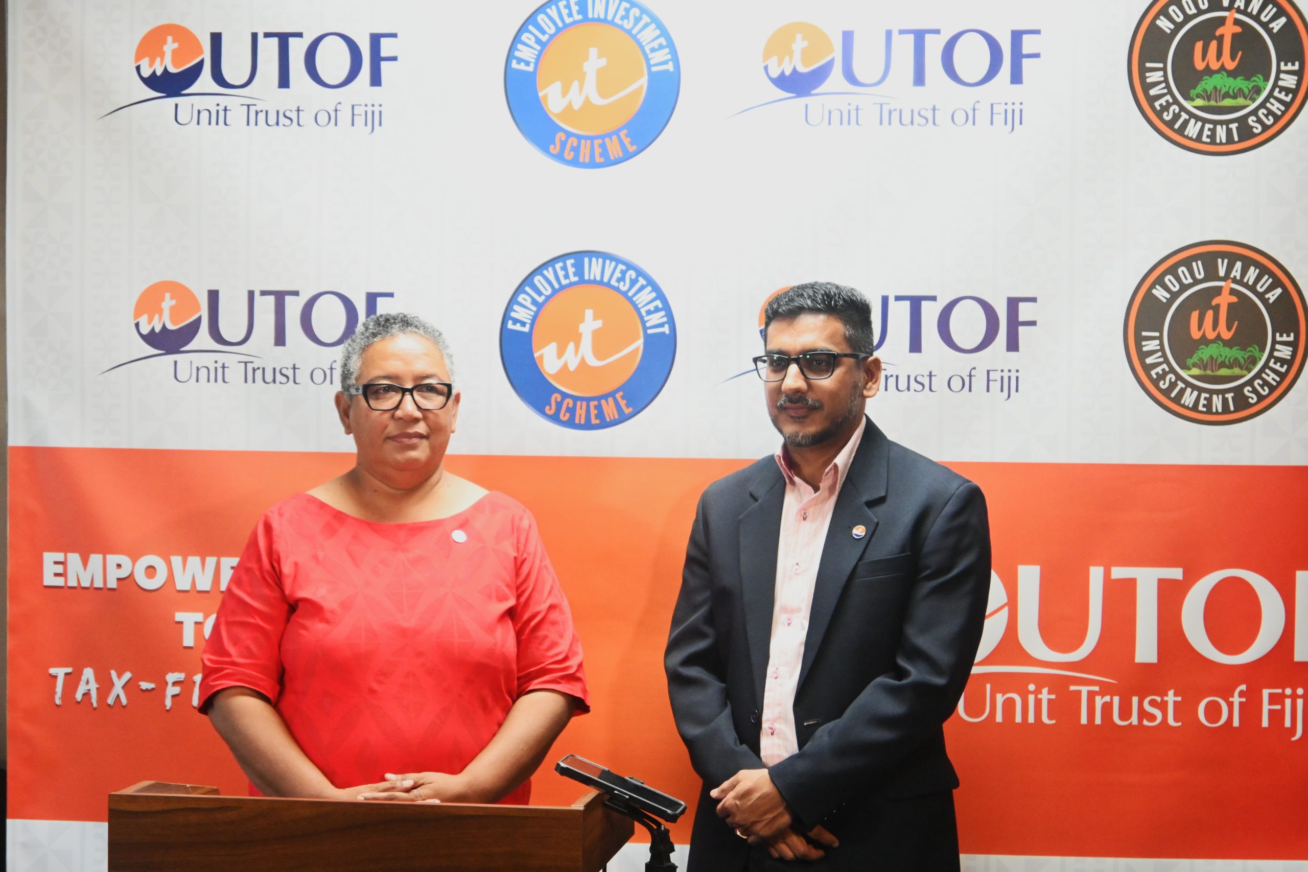 Unit Trust of Fiji board chairperson Lavinia Kaumaitotoya and Unit Trust of Fiji CEO Vilash Chand in their official Press Conference, Jan 15, 2025. Picture: JOSEFA SIGAVOLAVOLA.