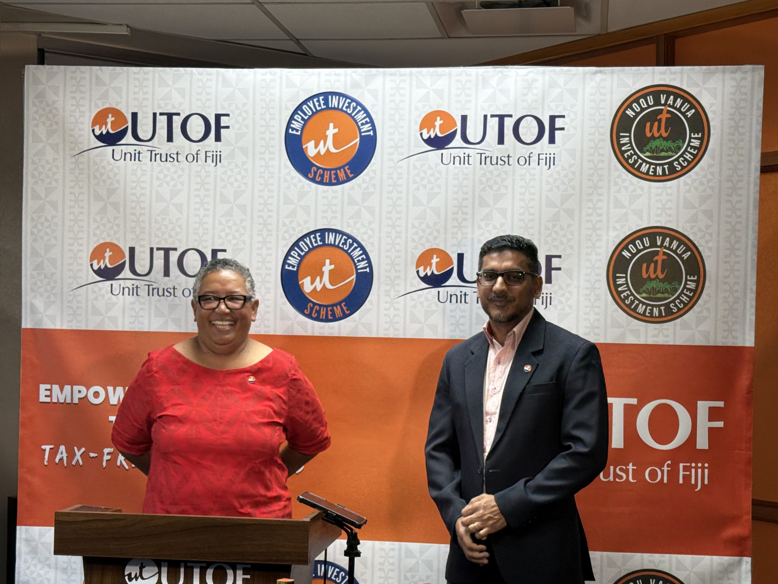 UTOF chairperson Lavinia Kaumaitotoya, left, and UTOF CEO Vilash Chand announcing UTOF’s last dividend payout for 2024 at the UTOF head office in Suva yesterday. Picture: JOSEFA SIGAVOLAVOLA