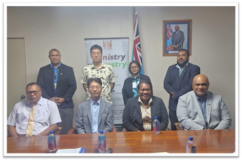 Forestry Minister Alitia Bainivalu [2nd right - sitting] at the signing of the Memorandum of Understanding between Fiji Pine Limited, Tropik Wood Industries Ltd and Representatives from Nabou Green Energy Pte Limited, yesterday. Picture: SUPPLIED/MINISTRY OF FORESTRY.