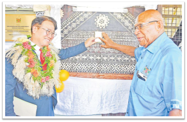Ambassador of the Republic of Korea to Fiji Kim Jin Hyung, left, and Prime Minister Sitiveni Rabuka at the commissioning of the two projects in Taveuni on Thursday. Picture: FIJI GOVERNMENT