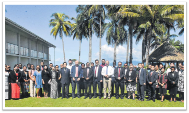 Deputy Prime Minister and Minister of Finance Biman Prasad with participants of the IMF Macroeconomics of Climate Change course at the Holiday Inn in Suva on Monday. Picture: KATA KOLI