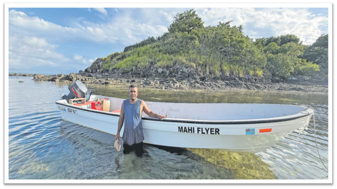 Filipe Qionikorolevu beside his new fibreglass boat ‘Mahi Flyer’ in Vatulele. Picture: JOSEFA SIGAVOLAVOLA