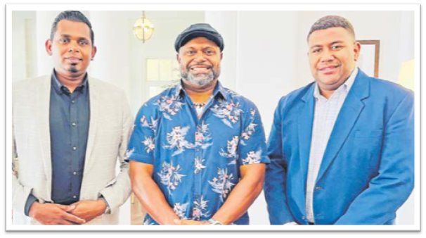 Investment Fiji CEO Kamal Chetty, left, Juice Fiji founder Panapasa Daunakamakama and Investment Fiji Manager Trade Promotion Ananaiasa Vunituraga. Picture: SUPPLIED BELOW: Juice Fiji’s health juice sits on a supermarket shelf in Suva. Picture: JUICE FIJI