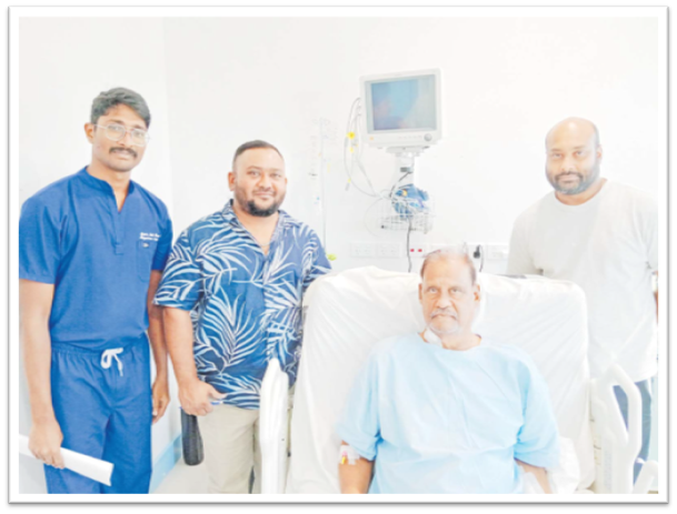 Cardiac ICU team support staff Gurusai Prasad, left, PSH Hospitals founder and CEO Parvish Kumar patient Suresh Chand and his son Samil Chand after Mr Chand’s delicate triple graft open-heart bypass surgery early this month. Picture: SUPPLIED