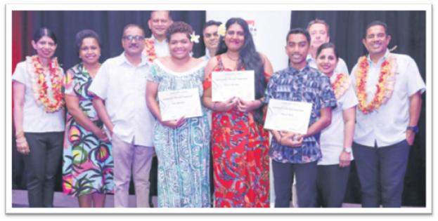 Tanoa Group’s ‘Be The Future Program’ trainees (with certificates) Ana Aqulala, Risha Shiwani and Ayush Deo have secured full-time roles with the hotel group. Picture: SUPPLIED